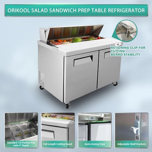 Image of Commercial Refrigerators,48 inch Cold Storage Worktop,Sandwich & Salad Prep Table with Butcher Block and Protection Lid,Defrost System,12 Food Pans Up to 4 inch Deep,for Restaurant,Bar,ETL Certified,Silver