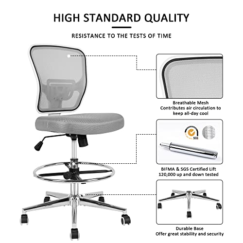 Drafting Chair, Tall Office Chair For Standing Desk, Drafting Stool With Lumbar Support, Adjustable Height And Foot Ring, Grey #TOP7
