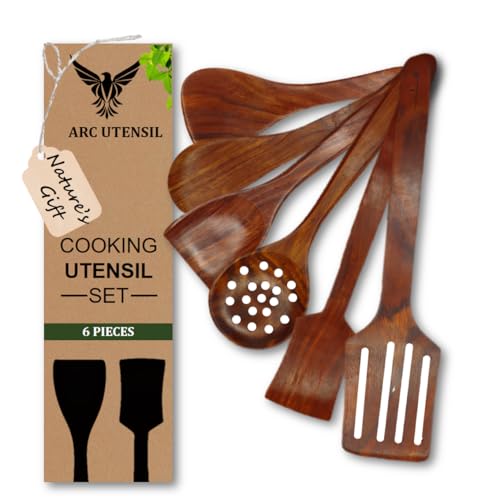 Image of Premium Wooden Cooking Spoon & Spatula | Natural Sheesham Wood (Indian Rosewood), Non-Stick Safe, Heat Resistant Kitchen Tools for Roti, Sabzi, Frying & Serving (Set of 6)