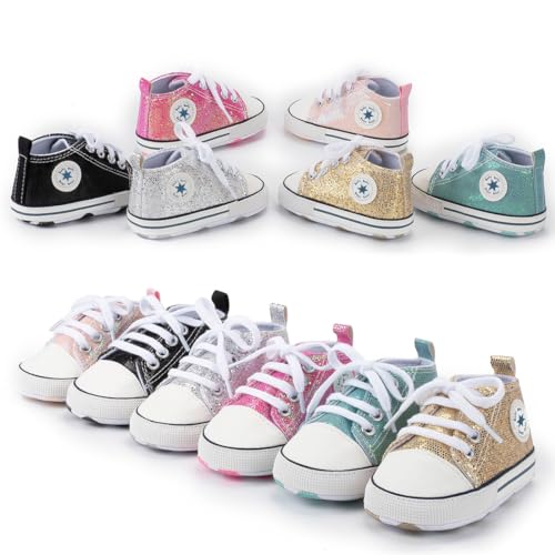 Image of Unisex Baby Girls Boys Canvas High-top Shoes, Newborn Infant Anti-Slip Soft Sole Frist Walking Breathable Sneakers