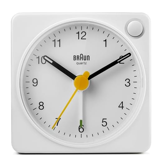 Braun Classic Travel Analogue Alarm Clock with Snooze and Light, Compact Size, Quiet Quartz Movement, Crescendo Beep Alarm in White, Model BC02XW.
