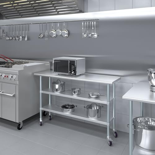 Image of AmGood Stainless Steel Work Table with 2 Shelves and Casters | Metal Utility Table On Wheels (Stainless Steel Work Table with 2 Shelves + Casters, 60 inch Long x 18 inch Deep)