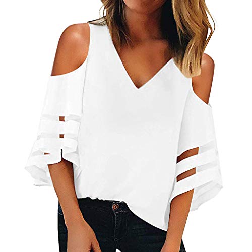 NOCIDEN Chemisier Femme Blouse 3/4 Manches Évasées Top Imprimé Col en V Chemise Boutons S-22XL Chemise Blanche Femme Tunique Femme Ete Longue(Blanc,XL) Cover