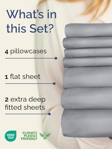 Image of Extra Deep Split King Sheet Set - 7 Piece Breathable & Cooling - Steel Blue | Hotel Luxury Bed Sheets Set, Easy & Secure Fit, Ultra-Soft, Wrinkle & Fade Free, Comfy Sheets Set with Extra Deep Pockets