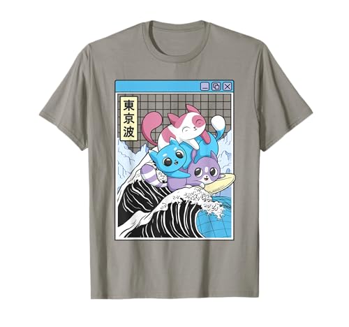 Playing Cats Surfing Kanagawa Wave Kawaii Anime Vaporwave T-Shirt