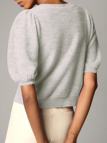 Image of Saodimallsu Womens Puff Short Sleeve Cardigan Lightweight Summer Button Down Shirts Knit Crew Neck Sweater Tops