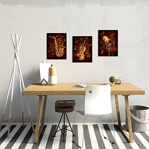 3 Piece Music Painting Canvas Prints Brown Saxophone Violin Microphone Art Picture Poster Wall Decor Vintage Musical Jazz Artwork For Home Living Room Music Studio Classroom Decoration (Small) #TOP2