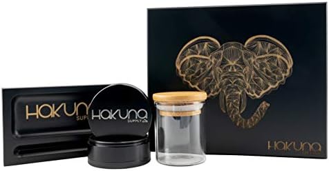 Hakuna Supply Premium Lockable Stash Box - Hinged Lid, Locking Storage Kit w/ Smell Proof Glass Jar, Rolling Tray, & 2 Doob Tubes, King Palm Wraps - Engraved Bamboo Lid (Black, Geometric Elephant)