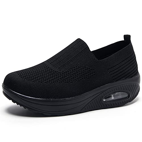 Enllerviid Women Wedge Shoes Breathable Mesh Platform Slip On Casual Mesh Air-Cushion Walking Sneakers Us 8.5 Black40 #TOP3