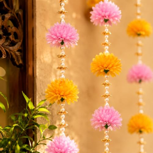 Image of Rajasthan Kraft Pack of 2, Artificial Multicolor Flower Wall Hanging for Home Decoration | 45 x 4 Inch Floral Hanging with Beads | Decorative Wall Hanging for Diwali, Wedding, Mandir & Festive Decor