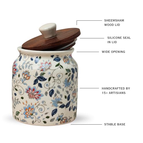 Image of Vistas 'Blue Bloom' Airtight 420ml Set of 3 Ceramic Jar for Kitchen Storage | Handcrafted Ceramic Barni with Wooden Lid | Multipurpose Pickle, Spice & Salt Container