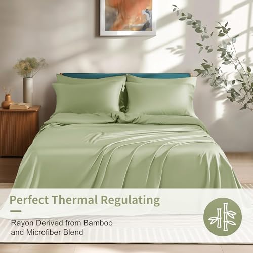 Image of Shilucheng 6 Piece Full Sheet Sets, Cooling Sheets, Blend Rayon Derived from Bamboo, Deep Pocket Up to 16 inch, Breathable & Soft Bed Sheets, Hotel Silky Bedding Set, Sage Green