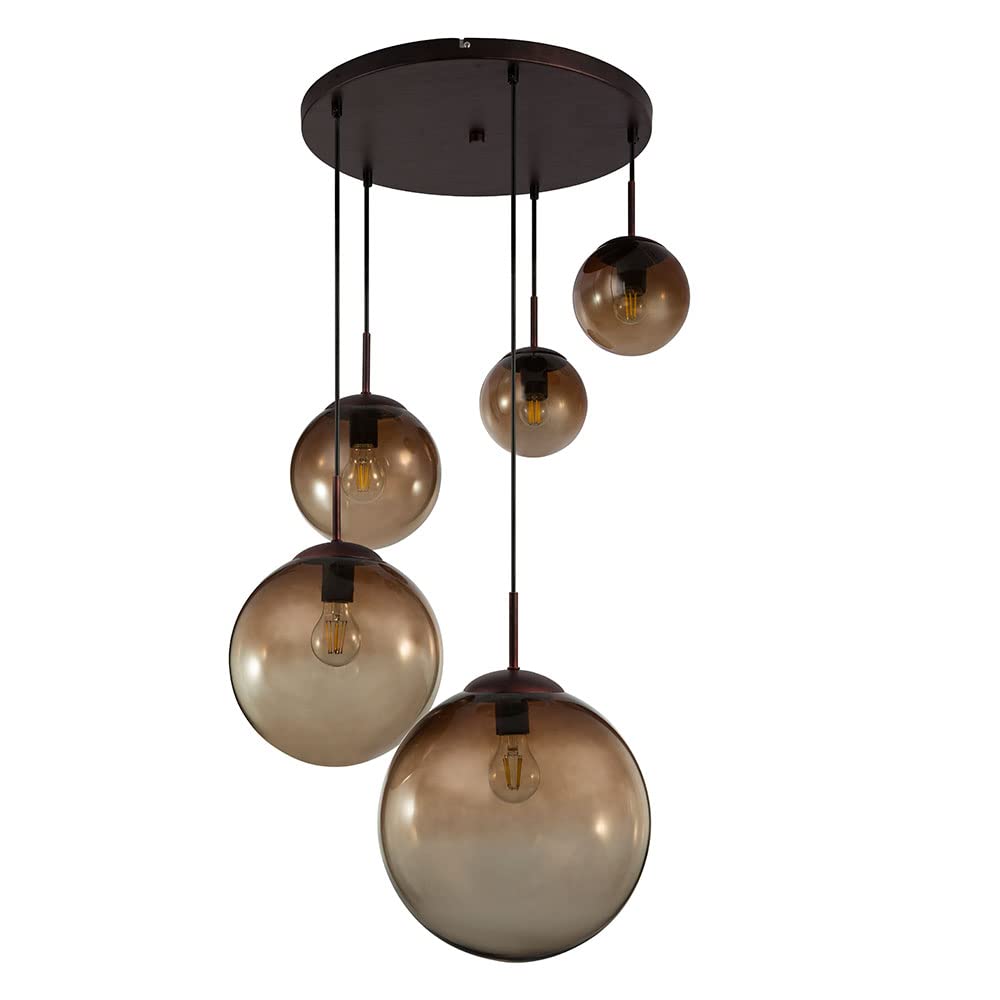 Decken Pendelleuchte mit Glas Lampenschirmen in amber Hängeleuchte 5 flammig Retro Hängelampe, 5x E27, Höhe 150 cm, Kugeln in verschiedenen Größen Beleuchtung