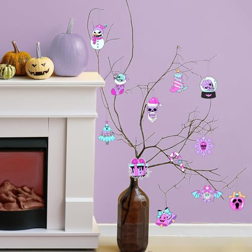 Fangleland Pastel Christmas Gothic Wooden Ornaments for Tree Spooky Gothic Skull Crystal Ball Snowman Hanging Decorations for Xmas Winter Holiday Party Outdoor Indoor - Image 2