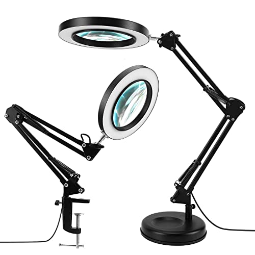 LANCOSC 2-in-1 Magnifying Glass with Light and Stand, 3 Color Modes Stepless Dimmable, 5-Diopter Real Glass Magnifying Desk Lamp & Clamp, LED Lighted Magnifier for Repair, Reading, Crafts, Close Works