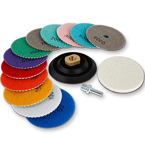 15Pcs 4 Inch Diamond Polishing Pads with Backer Pad, Wet/Dry 50-8000 Grit Polish Pad Kit for Drill Grinder Polisher Concrete Granite Marble Quartz Countertop Stone Rock