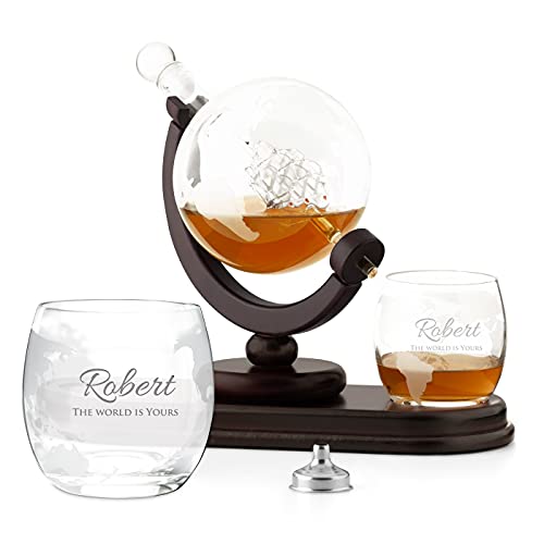 Maverton Globe Whiskey Decanter Set with 2 Glasses - Ship Inside – 850ml Carafe with 300ml Personalised Glasses - Present for Men - World