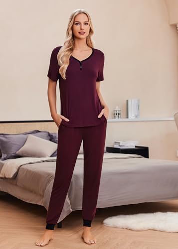 Image of Ekouaer Pajamas for Women Set 2 Piece Fall Lounge Sets Short Sleeve Pjs Joggers Long Pants Sleepwear with Pockets