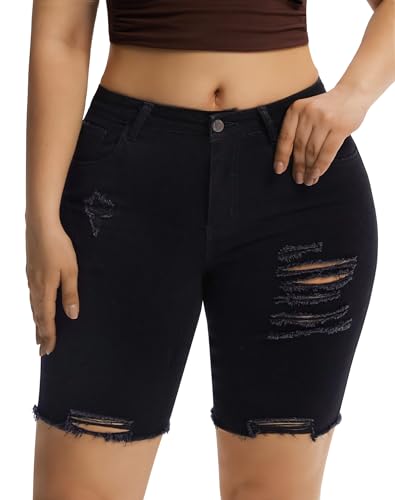 roswear Women's High Waisted Stretchy Denim Bermuda Shorts Ripped Casual Summer Jean Shorts Black Medium