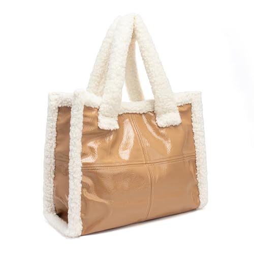 DUBELlE Faux Fur Tote Bag for Women PU Leather Shearling Purse Large Handbag with Furry Top-handle Fluffy Sherpa Shoulder Bag