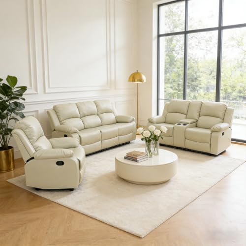 Manual Breathable Leather Recliner Sofa Set, 3-Piece Living Room Furniture with Drop-Down Table & Cup Holders, 3-Seat Sofa, Loveseat and Recliner Chair for Home Theater/Office