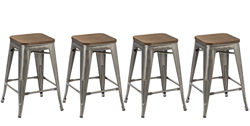 BTEXPERT Set of 4 24-Inch Industrial Stackable Tabouret Metal Vintage Antique Style Clear Brush Distressed Counter Bar Stool Modern Wood Top Seat
