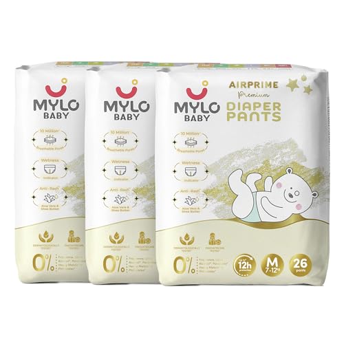 Image of Mylo Baby AirPrime Premium Diaper Pants Medium (M) Size (7-12 kgs) (26 Count) Leak Proof | Ultra-Thin & Breathable | Up to 12 Hours Protection | No Rashes (26 Count, Pack of 3)