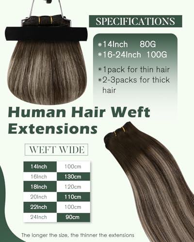 Image of Ugeat 24 Inch Weft Hair Extensions Human Hair, Sew in Weft Hair Extensions Human Hair 100g, Sew in Extensions Long Straight, Dark Brown Balayage Ash Blonde