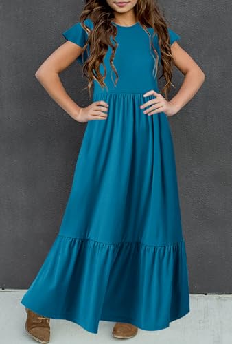 Hosika Girls Summer Boho Ruffle Short Sleeve Crew Neck Loose Casual Flowy Tiered Maxi Dress With Pockets For 6-12 Y Teal thumb #1