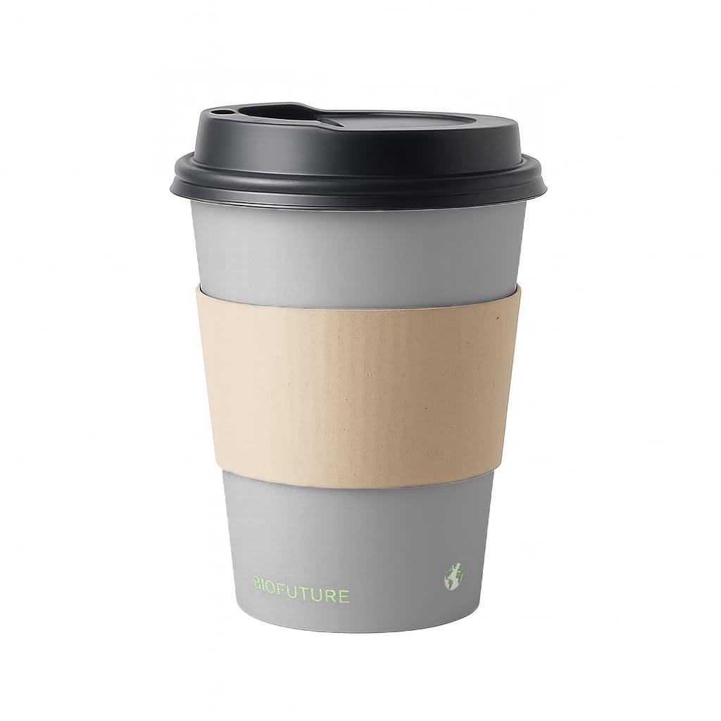 BIOFUTURE 50 x 8oz Takeaway Disposable Coffee Cups with Black Lids and Sleeves – EN 13432 Certified, Biodegradable and Compostable Paper Cups for Coffee, Tea, and Hot Drinks (Grey)