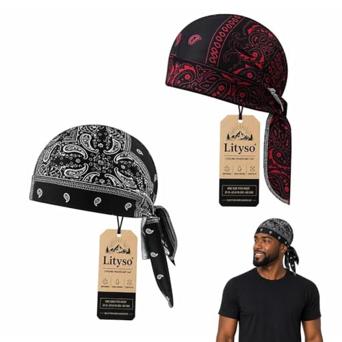 Lityso Elastic Cycling Sports Cap Skull Caps Bandana Stretch Cooling Headscarf Paisley Cool Helmet Wrap Pirate Scarves Hat (2Pcs-B One Size)
