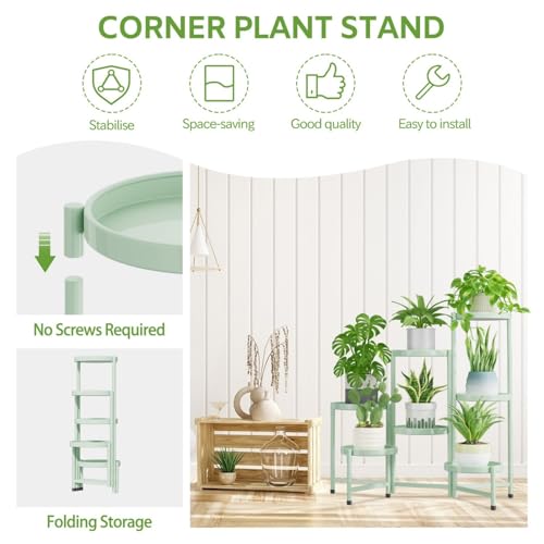 Image of iDavosic.ly 7 Tier Large Plant Stand Indoor, 10 Inch Wide Tall Corner Metal Plant Stands Outdoor for Multiple Plants, Folding Tiered Flower Display Holder Rack Shelf, Light Green