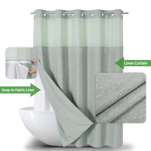 eachope No Hooks Needed Linen Textured Shower Curtain with Snap-in Fabric Liner Set,Hotel Luxury Decor Shower Curtains for Bathroom with Mesh Top Window,Waterproof & Washable,71Wx74H,Sage Green by eachope - Image 2