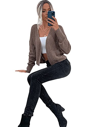 Verdusa Women's Open Front Long Sleeve Knitted Crop Sweater Cardigan With Pocket Mocha Brown S #TOP4