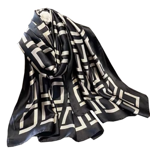 FairyCity Luxury Silk Geometric Print Scarf, Black and White Square Pattern Women Lightweight Fashion Scarves Sun-proof Shawls Wrap