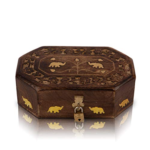 Unique Fathers Day Gifts Handmade Decorative Wooden Jewelry Box With Free Lock & Key Jewelry Organizer Keepsake Box Treasure Chest Trinket Holder Lock Box Watch Box 8 x 5 Inch Anniversary Gifts Her