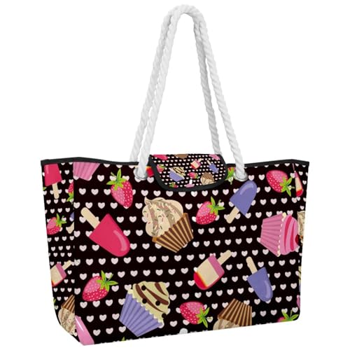 VAPOKF Bolso de mano grande para mujer, bolso de hombro con asa superior para viajes, trabajo, escuela, compras, pasteles, helados y fresas, multicolor, 14.5x20.8x5.5in/37x53x14cm