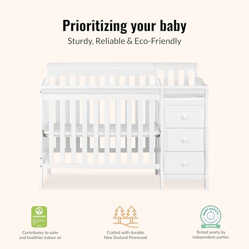 Dream On Me Jayden 4‑in‑1 Mini Convertible Baby Crib & Changer with Storage in White, Pinewood, GreenGuard Gold & JPMA, 1” Mattress Pad, 3 Mattress Heights, Converts to Mini Day & Twin-Size Bed