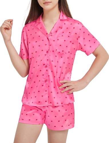 EXARUS 4 Piece Girls Satin Shorts Set Silky Short Sleeve Button with Pockets Summer Outfits for Kids 8-14Y4