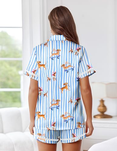 Image of Ekouaer Womens Silk Pajama Sets Button Up Satin Pjs Short Sleeve 2 Piece Pj Sets Cute Lounge Sets with Chest Pocket