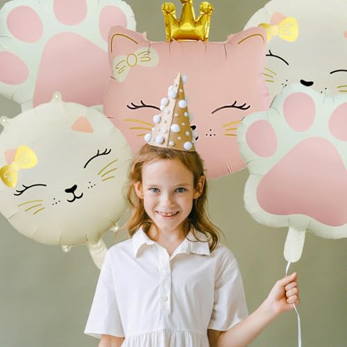 Image of 5Pcs Cat Foil Balloon, Pink & Cream White | Cat Paw, Cute Crown Kitten, Pet Cat Themed Birthday Party, Baby Shower & Wedding Themed Party Decorations