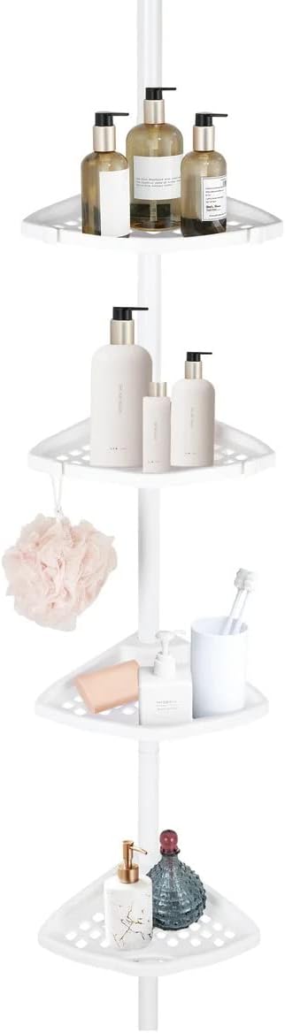 J&V TEXTILES Rustproof Shower Caddy Corner for Bathroom,Bathtub Storage Organizer for Shampoo Accessories,3 or 4 Tier Adjustable Shelves with Tension Pole,Up to 8 Feet (4-Tier)