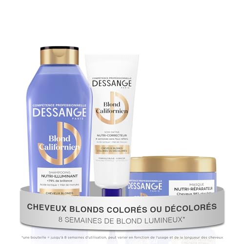DESSANGE - Routine Cheveux Nutri-Correctrice Blond Californien - Shampoing 280ml + Masque 280ml + Soin Patine Bleu 140ml - Nourrit & Illumine Le Blond - Cheveux Blonds,...