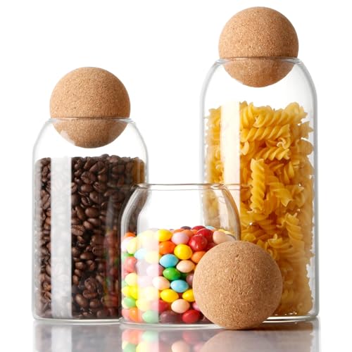 ZZWILLB Storage Glass Jar with Ball Cork Lid, 3Pcs Glass Canisters with Cork Ball, Cute Decorative Round Jars with Wood Lid 500 ML/17Oz,800ML/27Oz,1200ML/41Oz