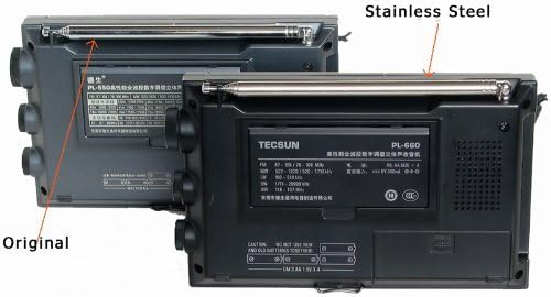 Close-up comparison of original and stainless steel telescopic antenna sections, showing the construction and material difference.