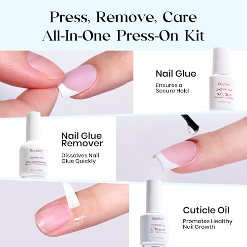 Image of Beetles X Press Summer Nails Kit: Medium Almond French Tip Press On Nails Kit With 7 Colors 224Pcs Rainbow Nail Tips Nail Glue & Builder Top Coat Mini UV Light, All-in-One DIY Gift For Women 16 Sizes
