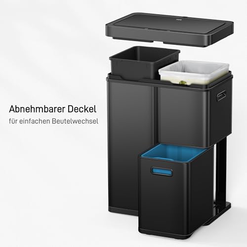 Image of EKO Mirage Plus 3 Compartment Trash Can, 2 x 15L and 30L Recycling Bin with Sensor, 3 Inner Plastic Buckets, Automatic Trash Can with Lid, Large Kitchen Bin 60