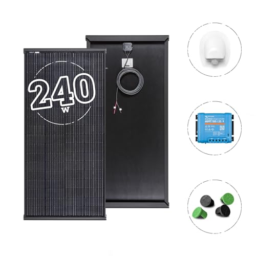 MOSCATELLI Pannello Solare 240W Black Boost Monocristallino PERC Kit Completo per Camper con Profilo integrato in Alluminio Nero per fissaggio al tetto - Regolatore VICTRON MPPT Bluetooth 20A