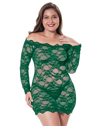 LINGERLOVE Womens Plus Size Sexy Lingerie Chemise Floral Lace Babydoll See Through Bodysuit Lingerie - Green - Medium-Large