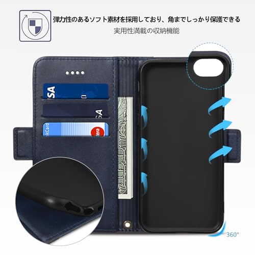 Rssviss iPhone SE 第3世代 ケース 手帳型 MagSafe対応 iPhone SE 第2世代 手帳型ケース iPhone8 ケース カード収納 スタンド 全面保護 スマホケース MagSafe対応 ワイヤレス充電 サイドマグネット 手に馴染む iPhone8/SE3/SE2 4.7inch ネイビー